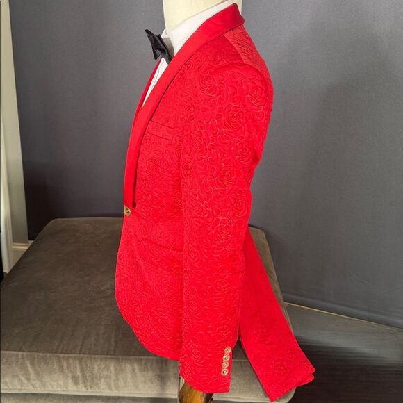 Men’s Slim Fit Red Floral 3 Piece Prom Party Tuxedo Suit 34 Jacket 31 Pants NEW - Picture 5 of 16